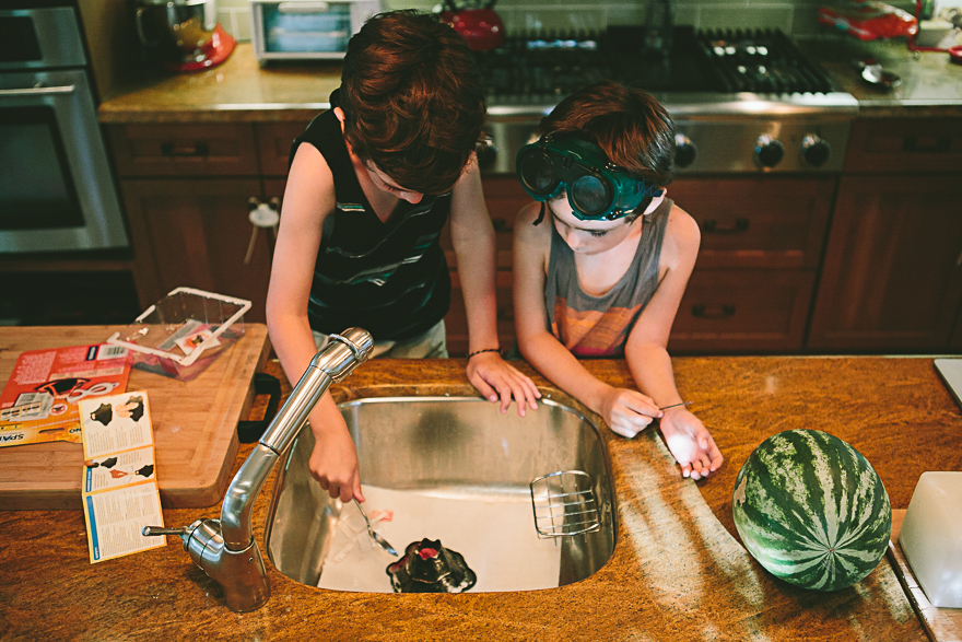 boys with experiment in kitchen sink - Family Documentary Photography