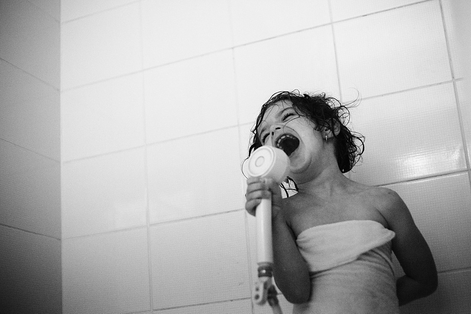 girl singing in shower - Family Documentary Photography