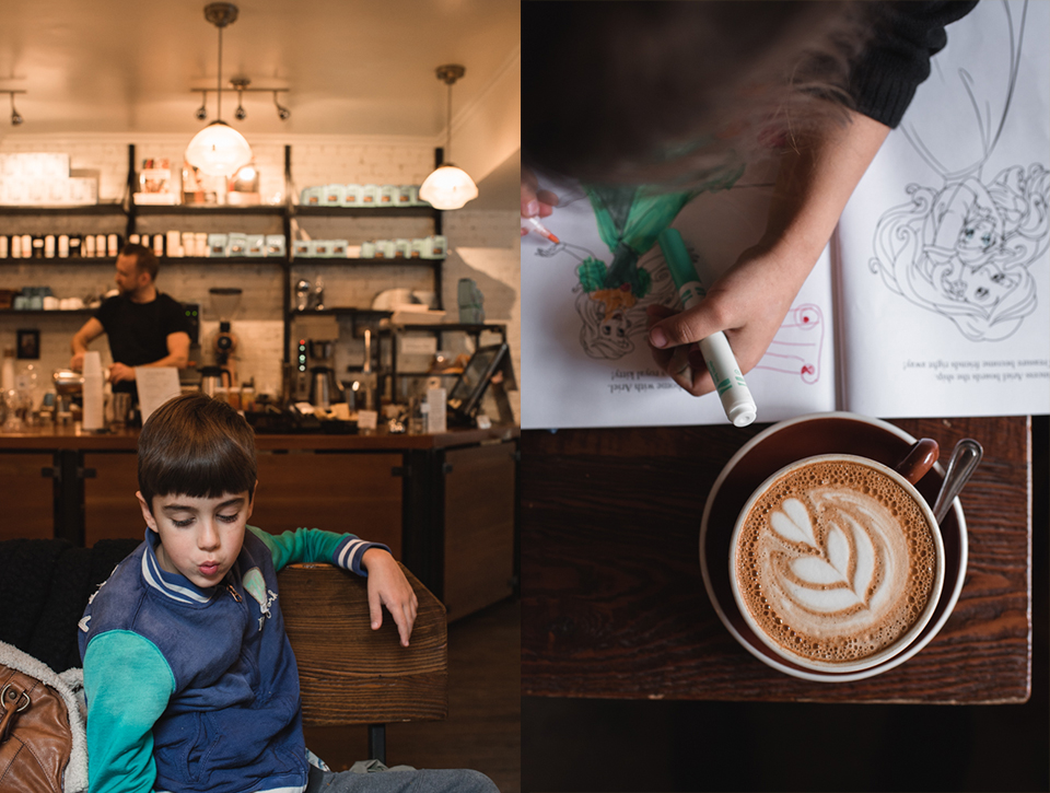 coloring at coffee shop -family documentary photography