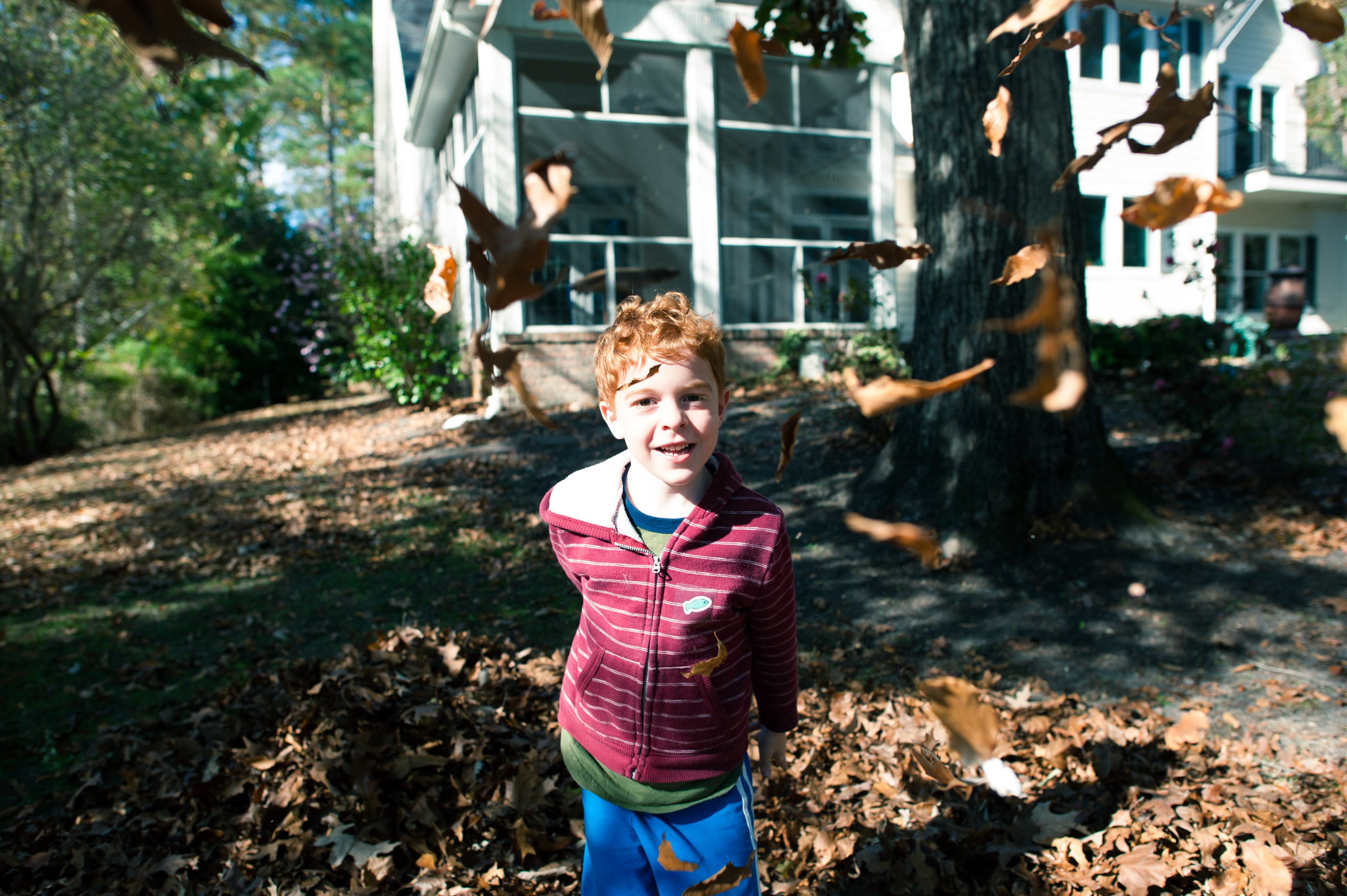Boy throwing leaves - Family Documentary Photography