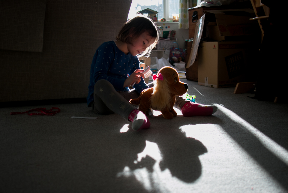 girl brushing stuffed dog - Documentary Family Photography