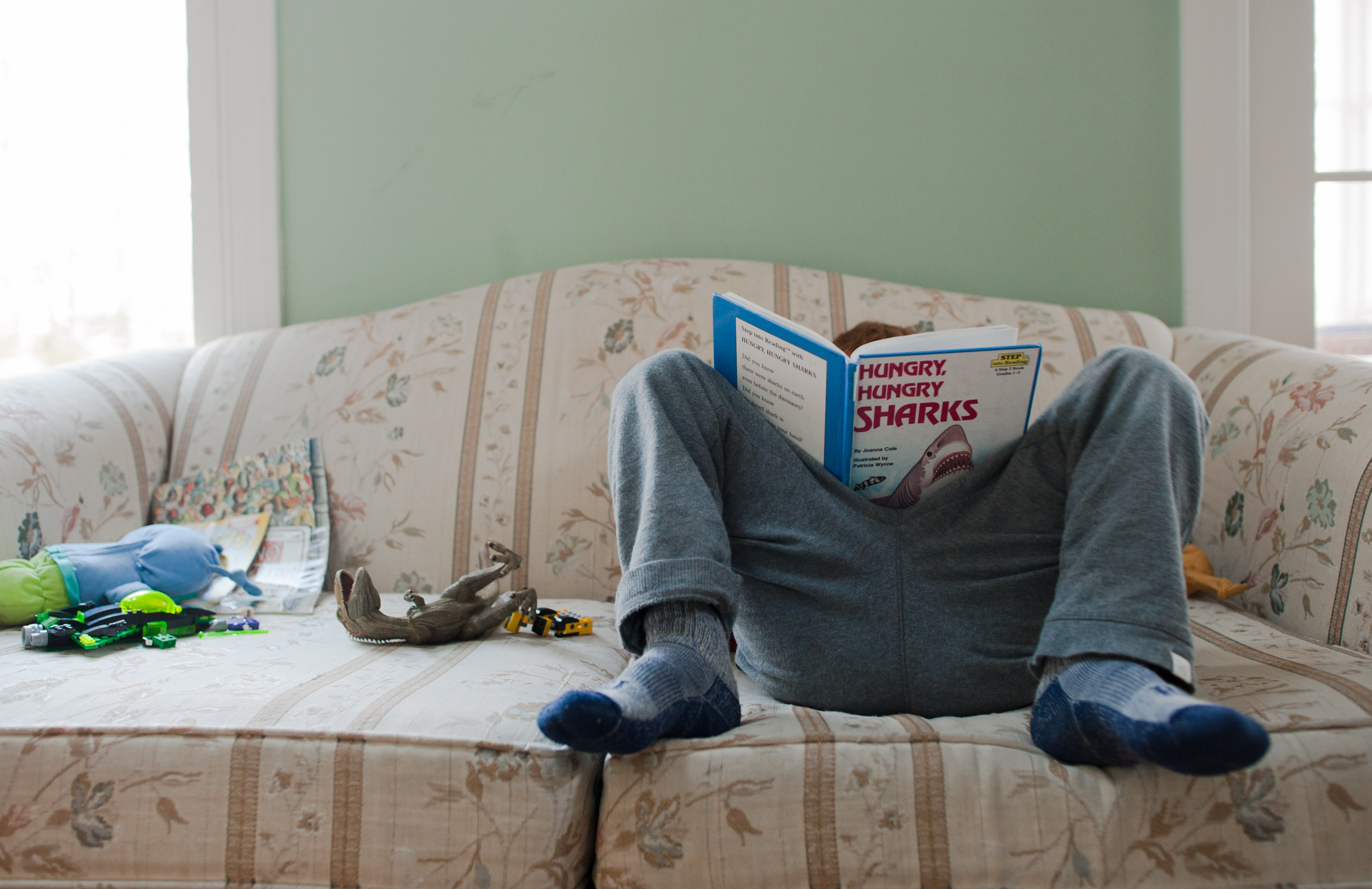 boy reads on couch - Documentary Family Photography