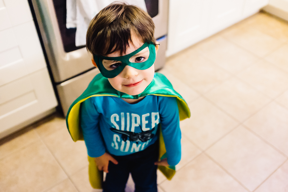 boy in super hero costume - Family Documentary Photography