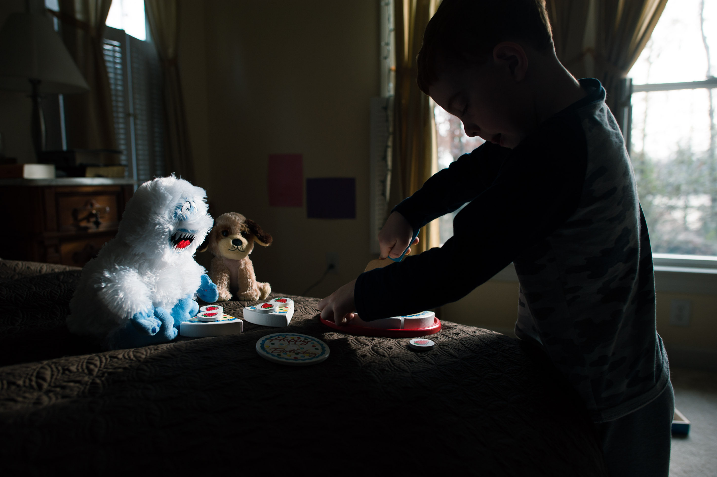 boy serves meal to stuffed animals - Family Documentary Photography