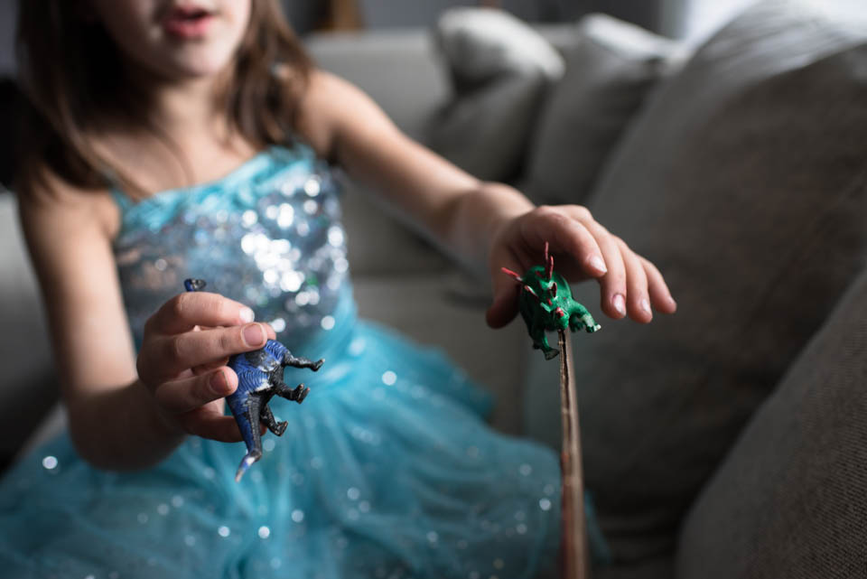 girl in princess dress with dinosaurs - Documentary Family Photography