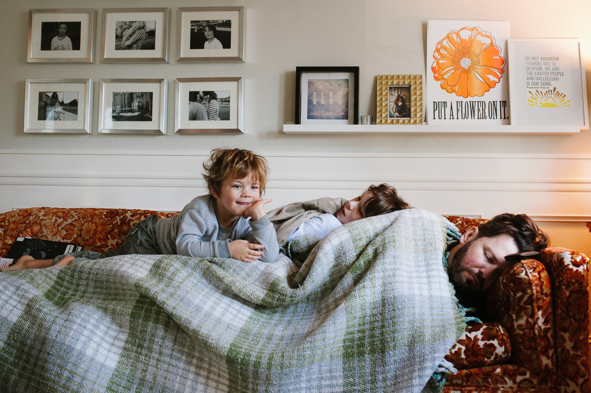 boys snuggle with blanket on couch - Documentary Family Photography