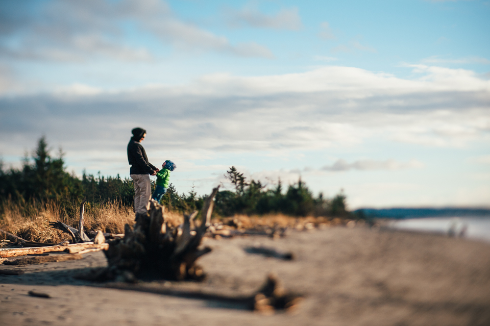 father and son climb driftwood at the beach - Documentary Family Photography