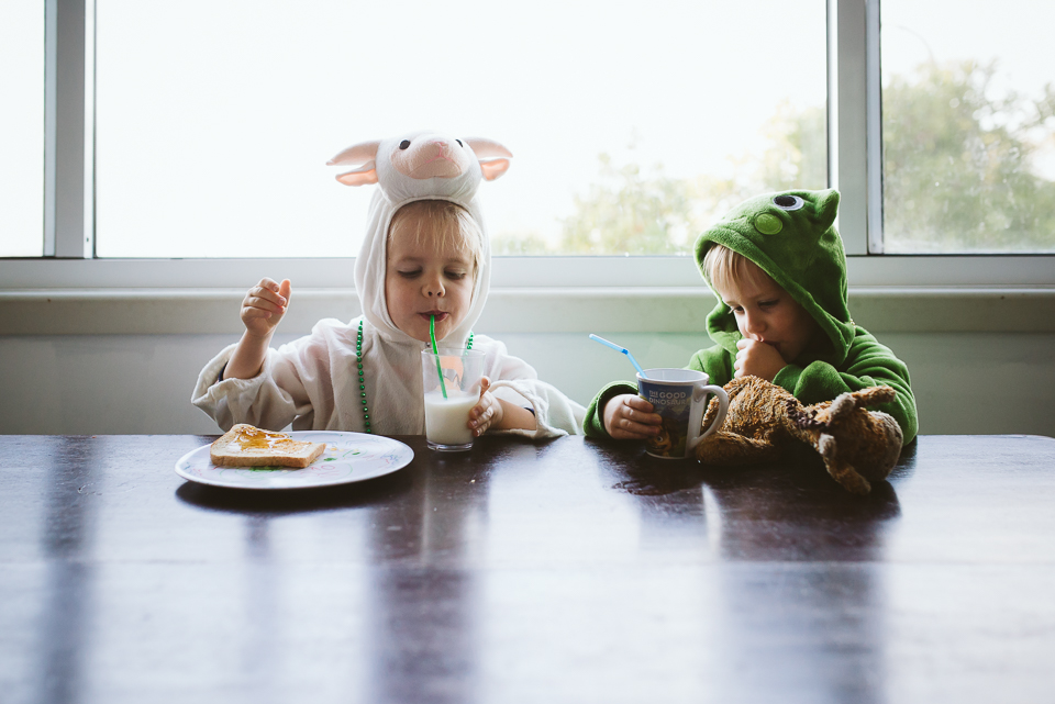 Kids eat in costume - Documentary Family Photography