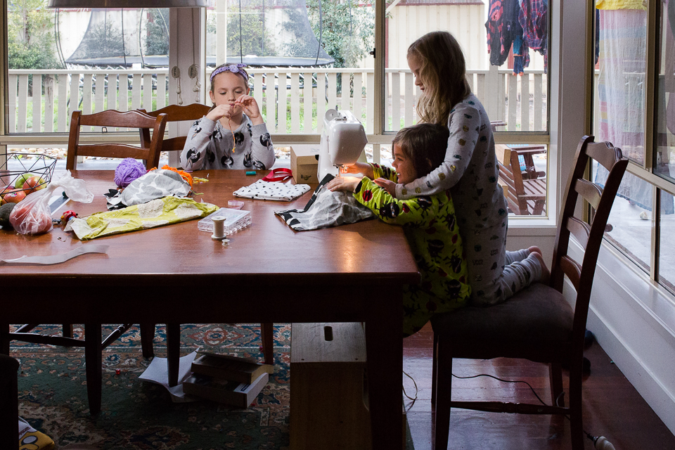 Kids at kitchen table sewing - Documentary Family Photography