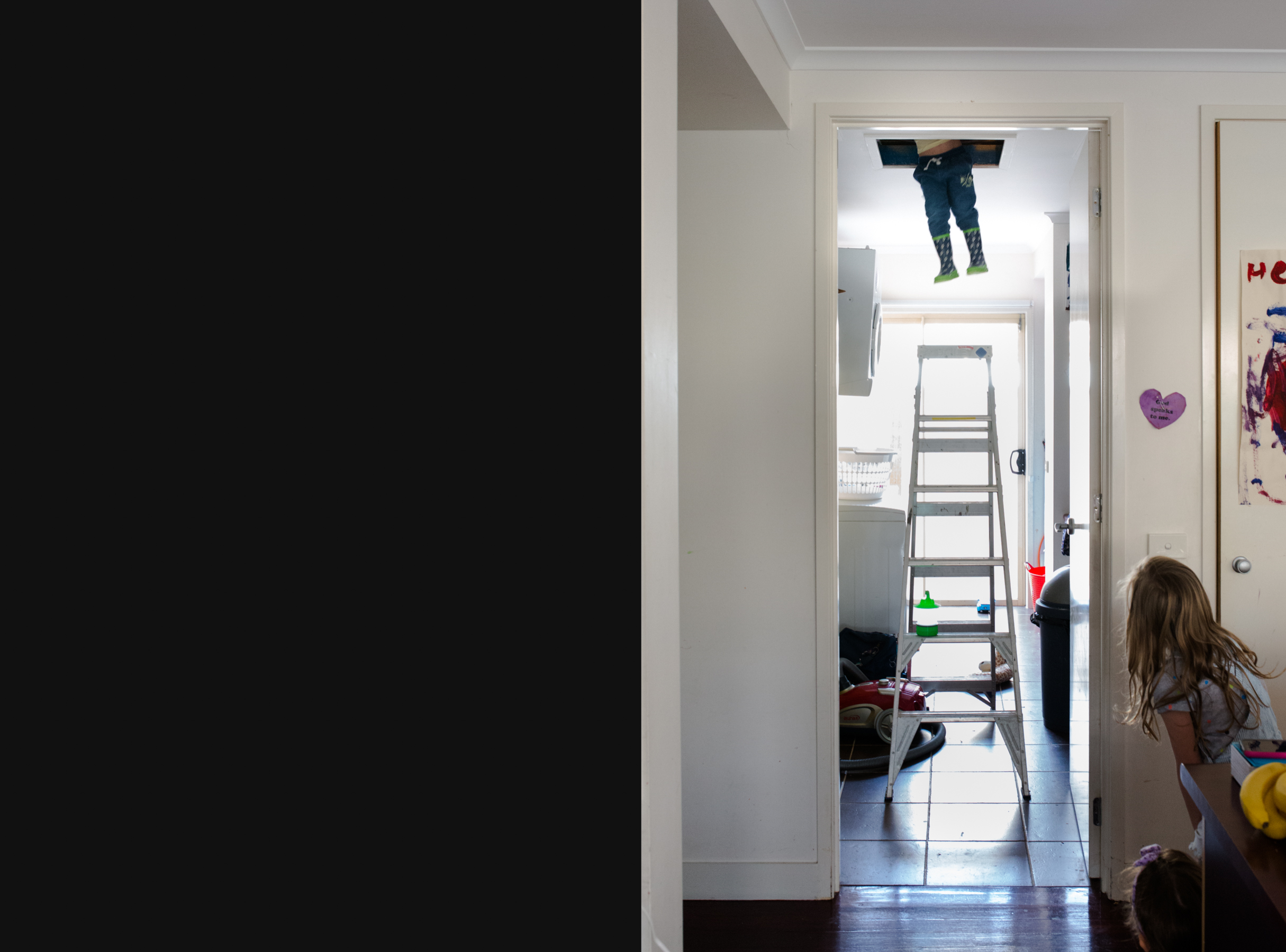 child hanging from attic - Documentary Family Photography