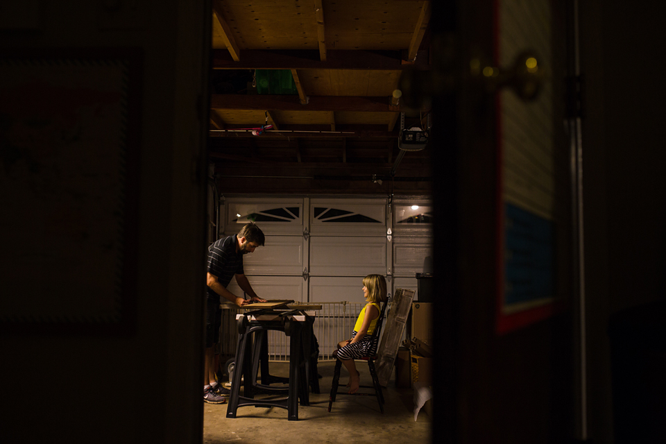 girl in garage with father - Documentary Family Photography
