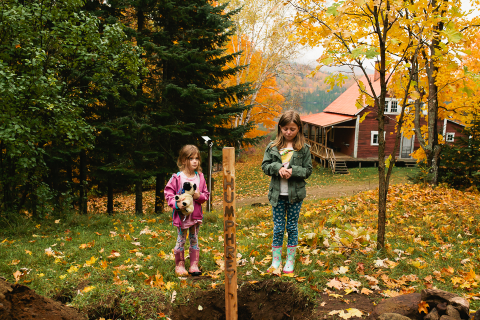 girls at pet grave - Documentary Family Photography