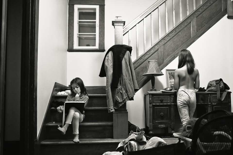 girls and stairs in house - Documentary Family Photography