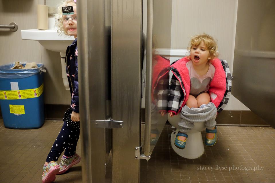 kids antics in public bathroom - Documentary Family Photography