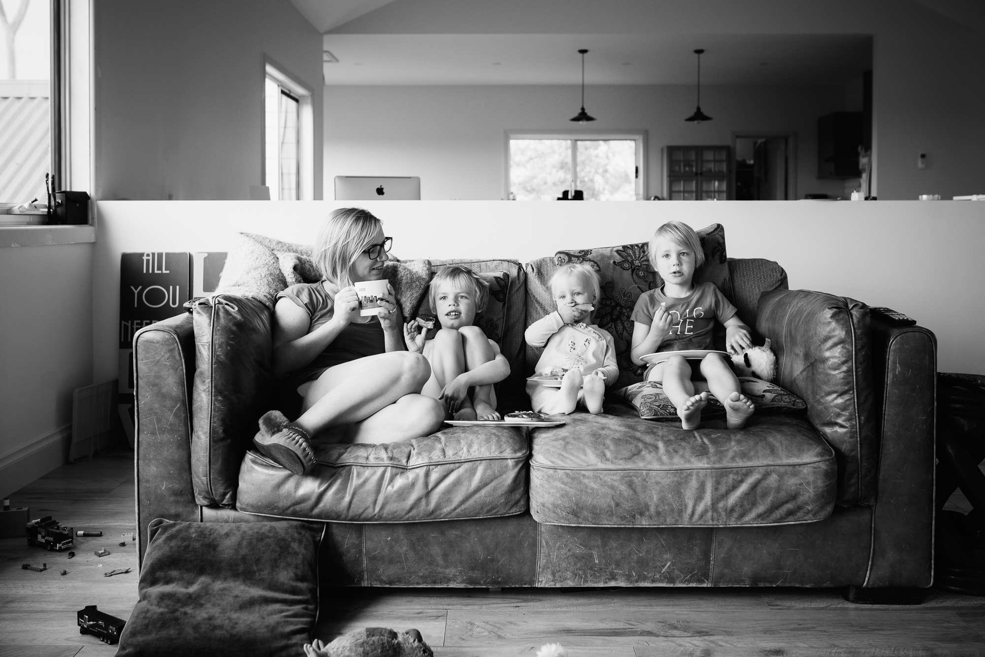 mom with kids on couch - documentary family photography