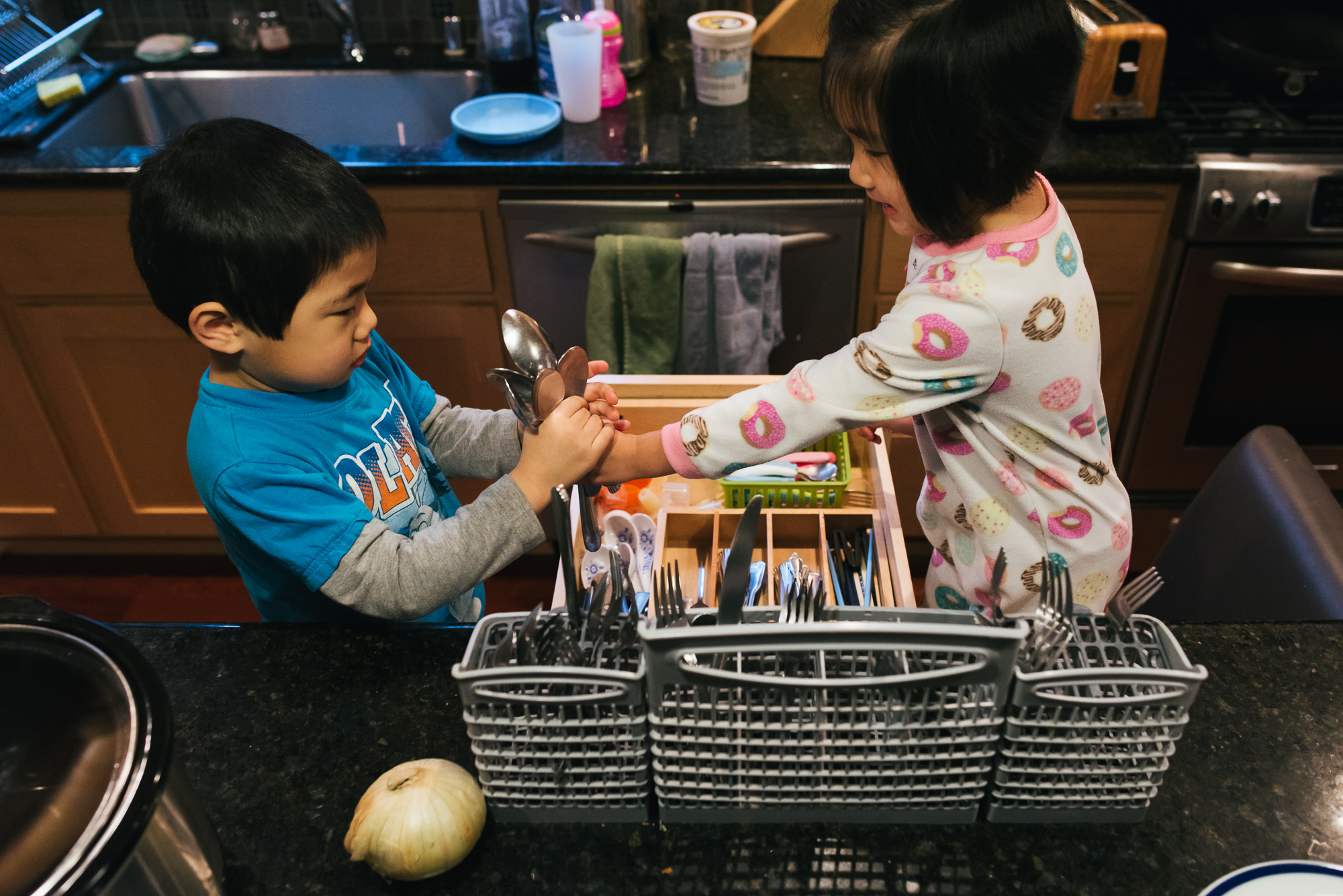 kids help with dishwasher - Documentary Family Photography