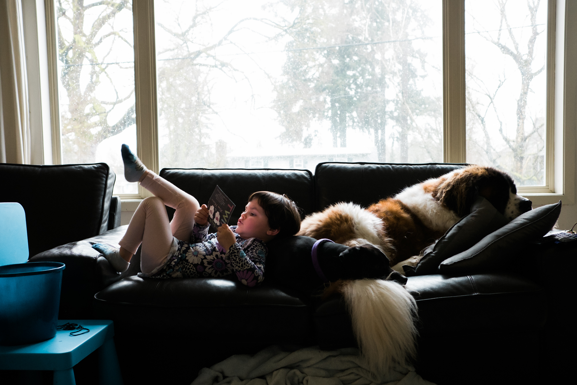 girl laying on couch with Saint Bernarud - Documentary Family Photography