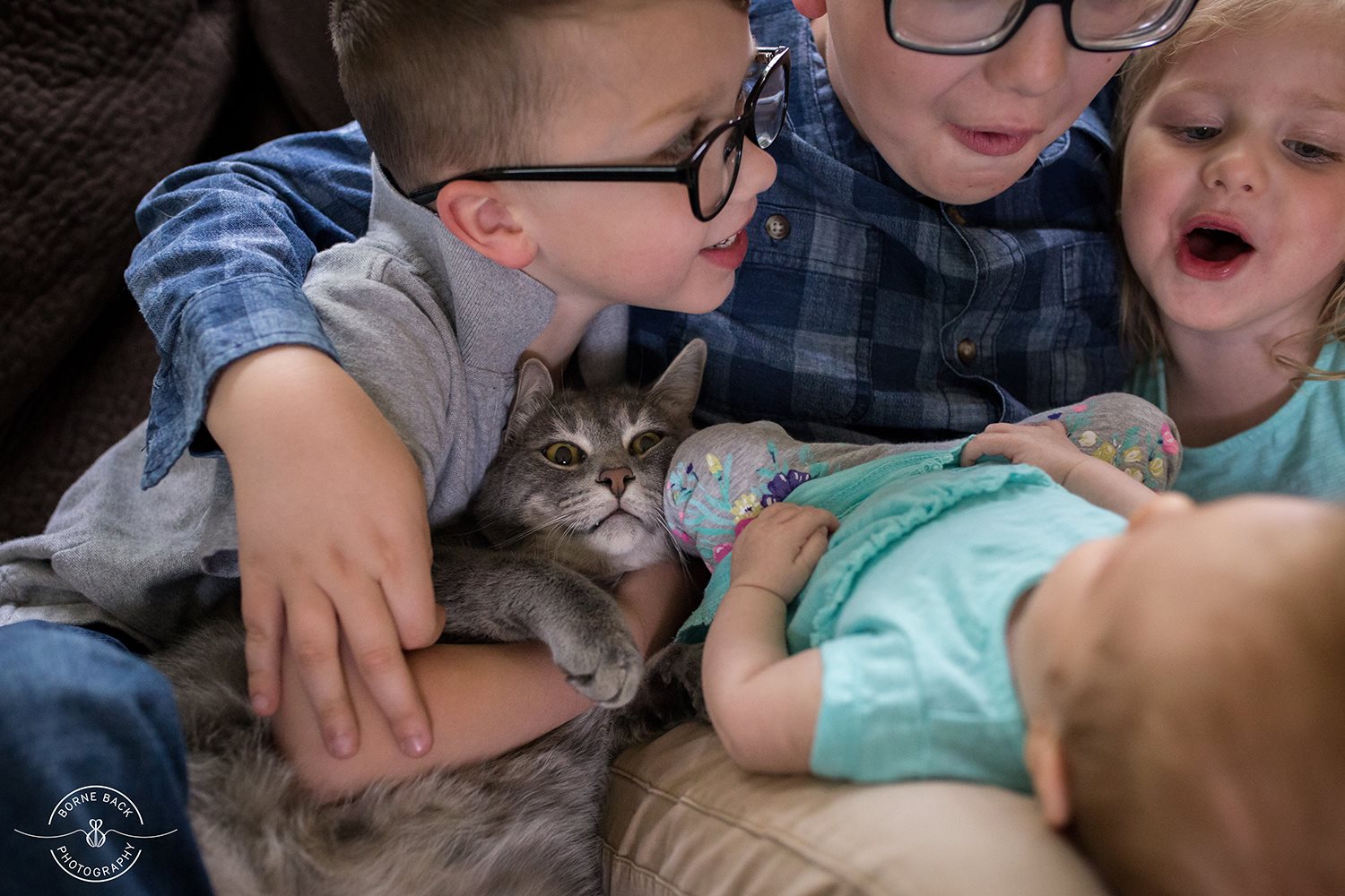 cat squished with kids - documentary family photography