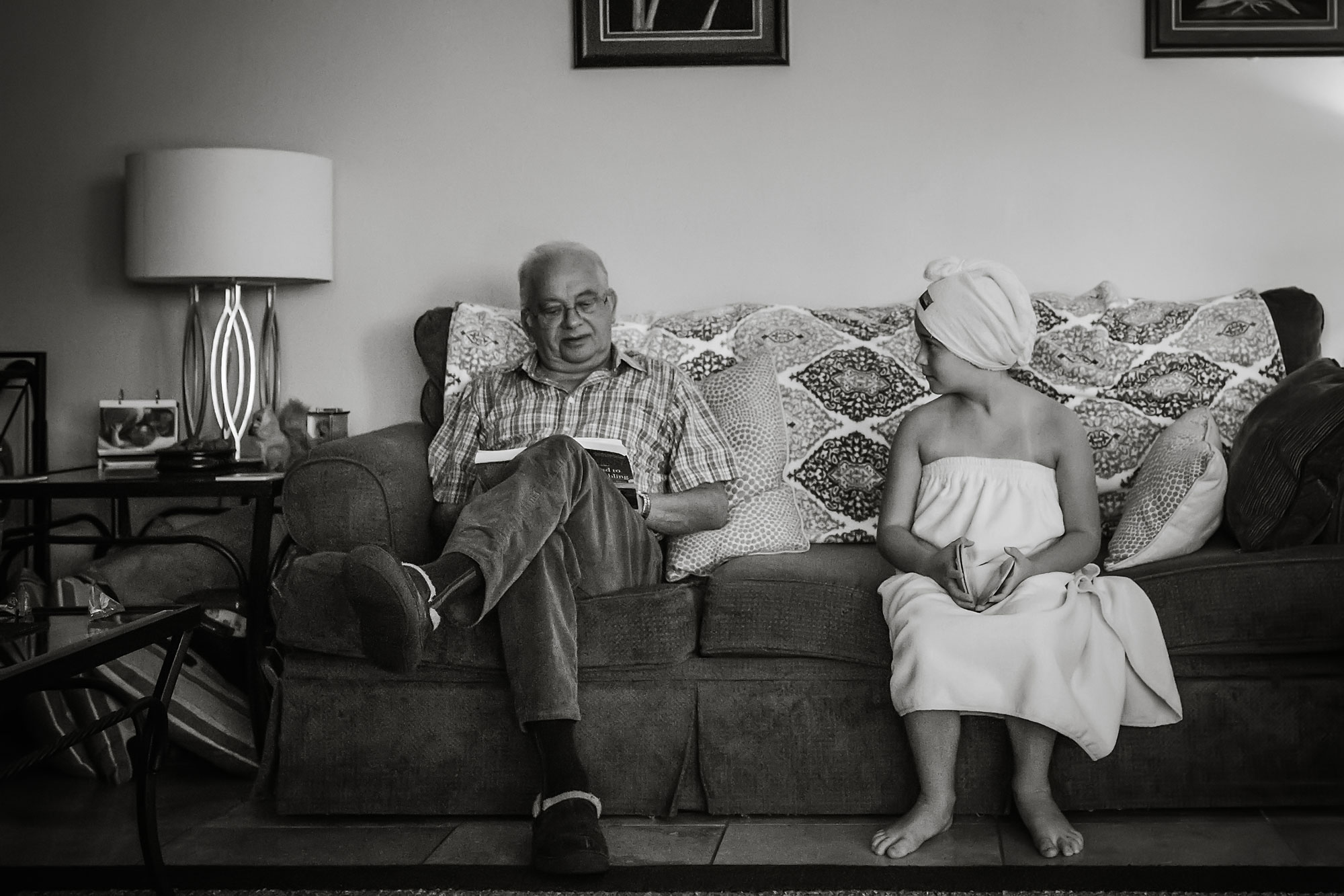 girl in towel with grandfather - documentary family photography