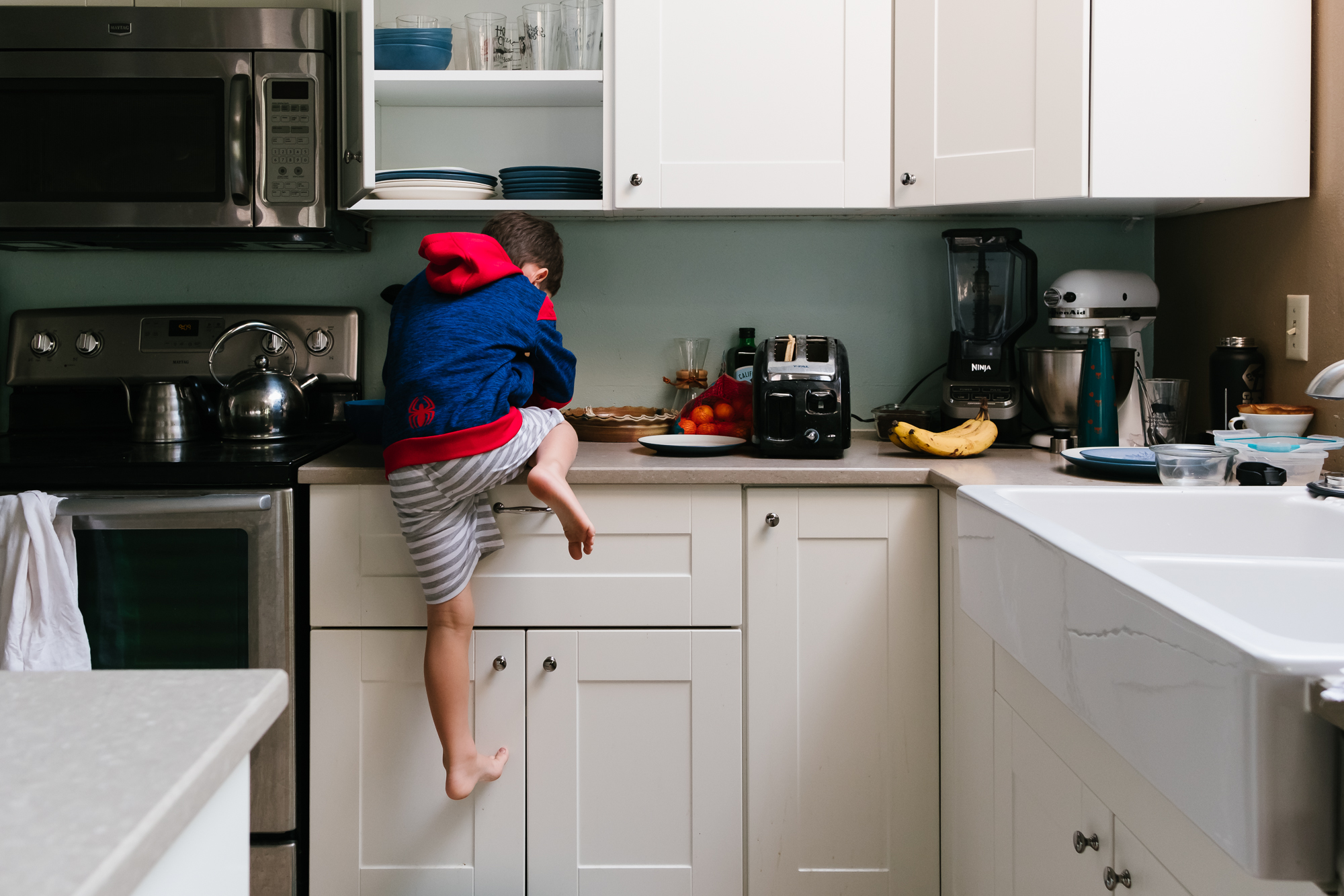 boy climbing on counter - Documentary Family Photography