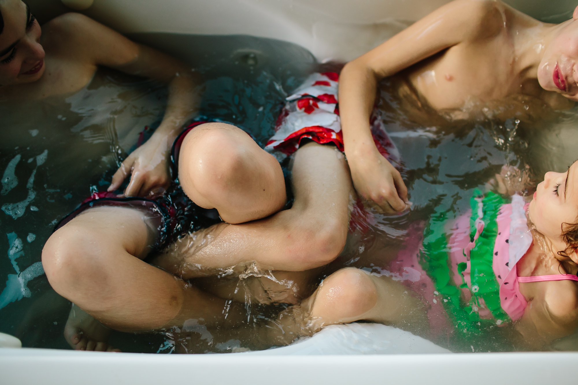 kids in bath in swimsuits - Documentary Family Photography