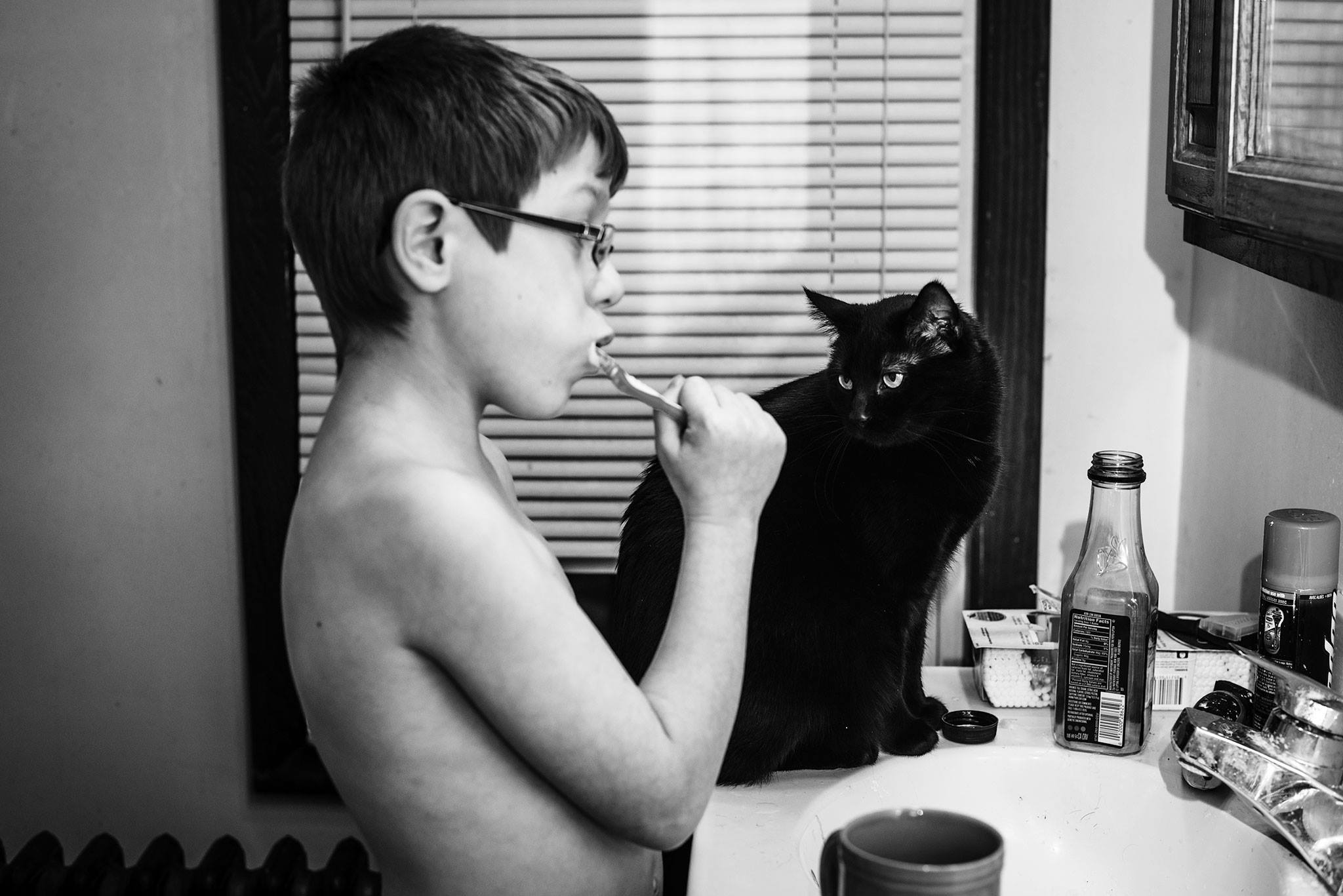 boy brushes teeth while cat watches - documentary family photography