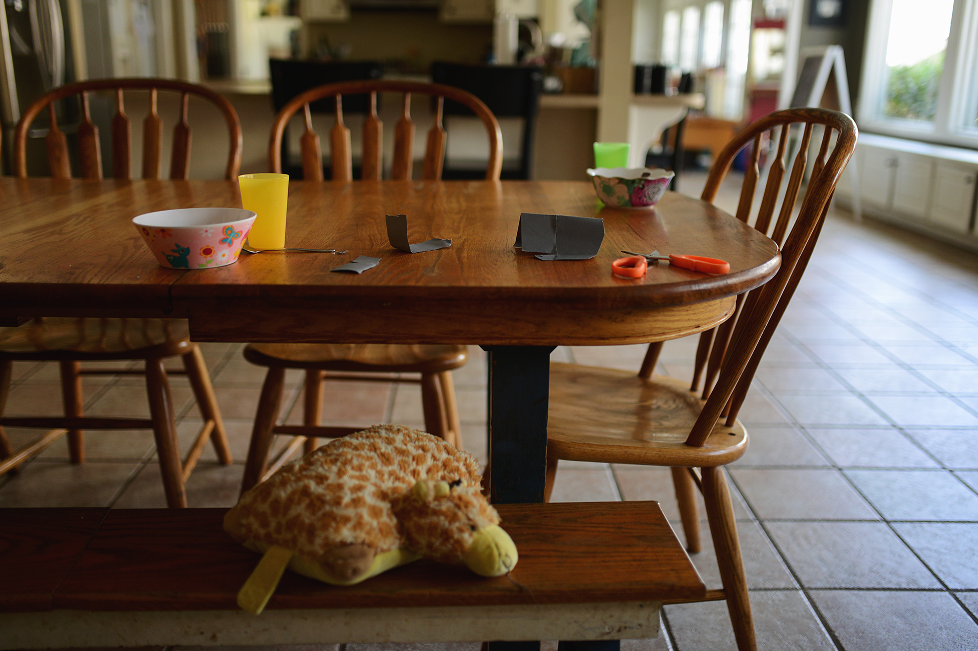 toys, dishes and crafts left at table - Documentary Family Photography