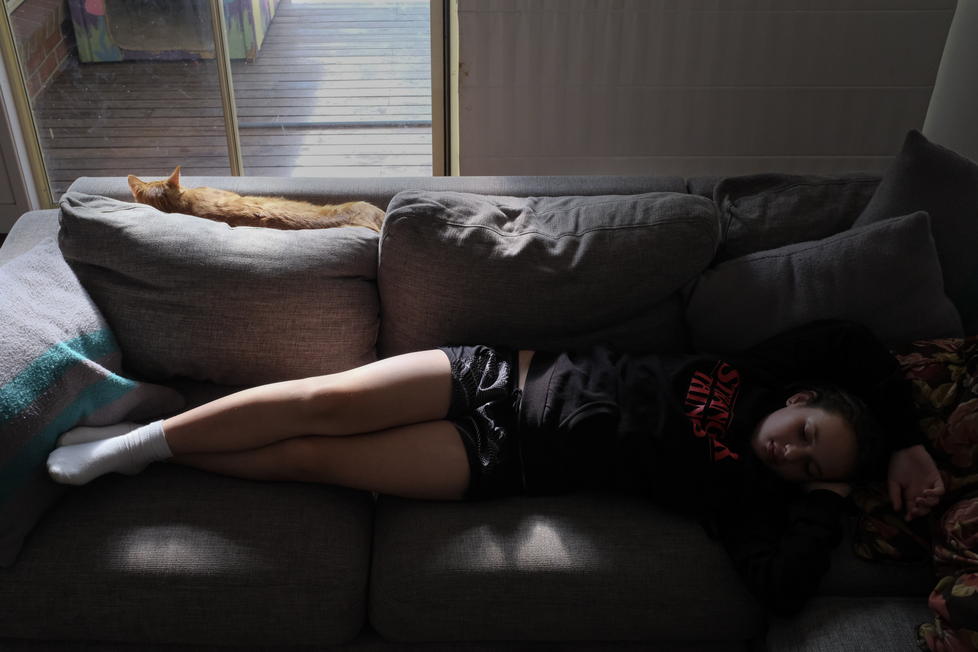 girl naps on couch with cat - documentary family photography
