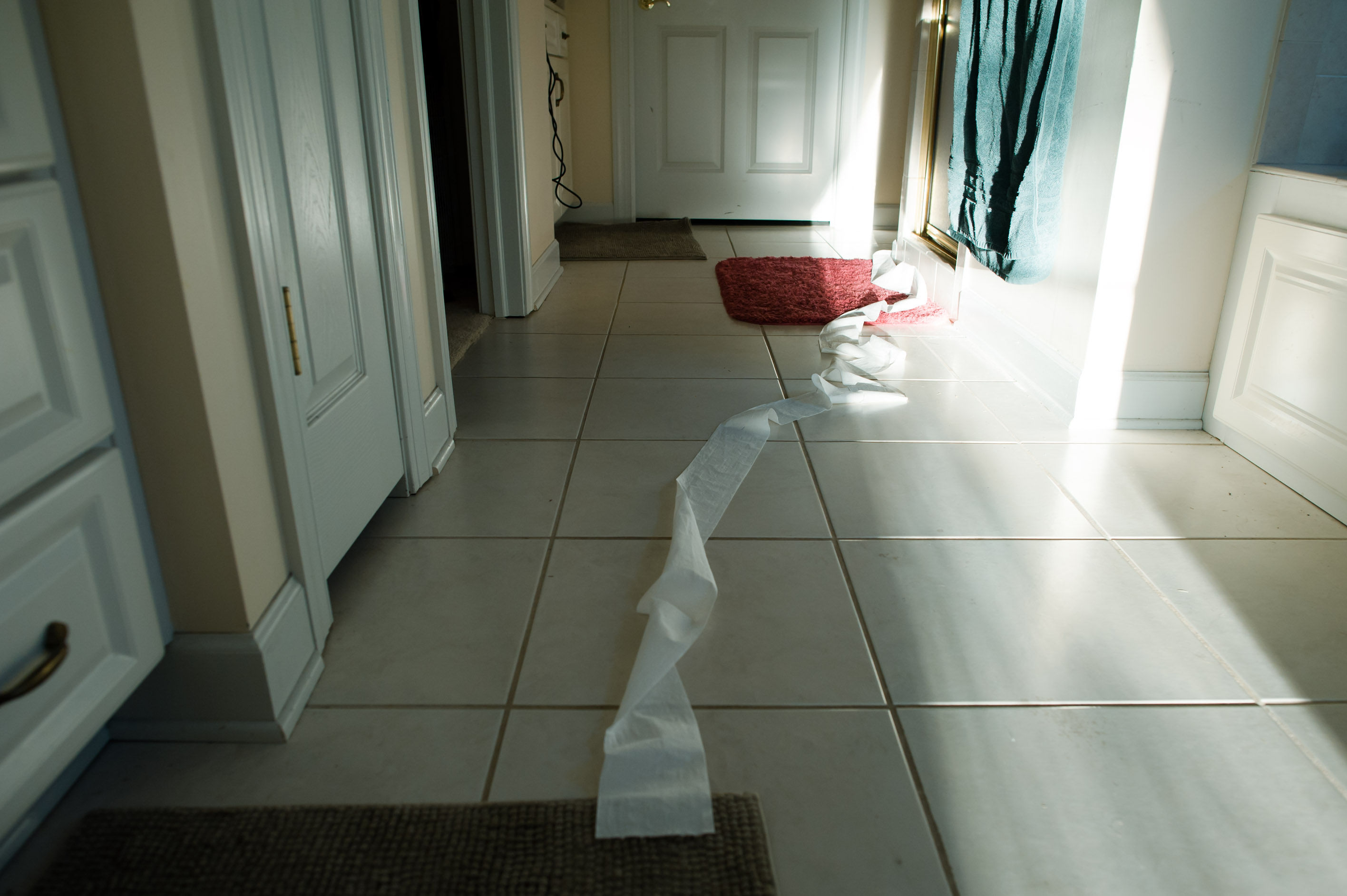 toilet paper unrolled on floor - documentary family photography