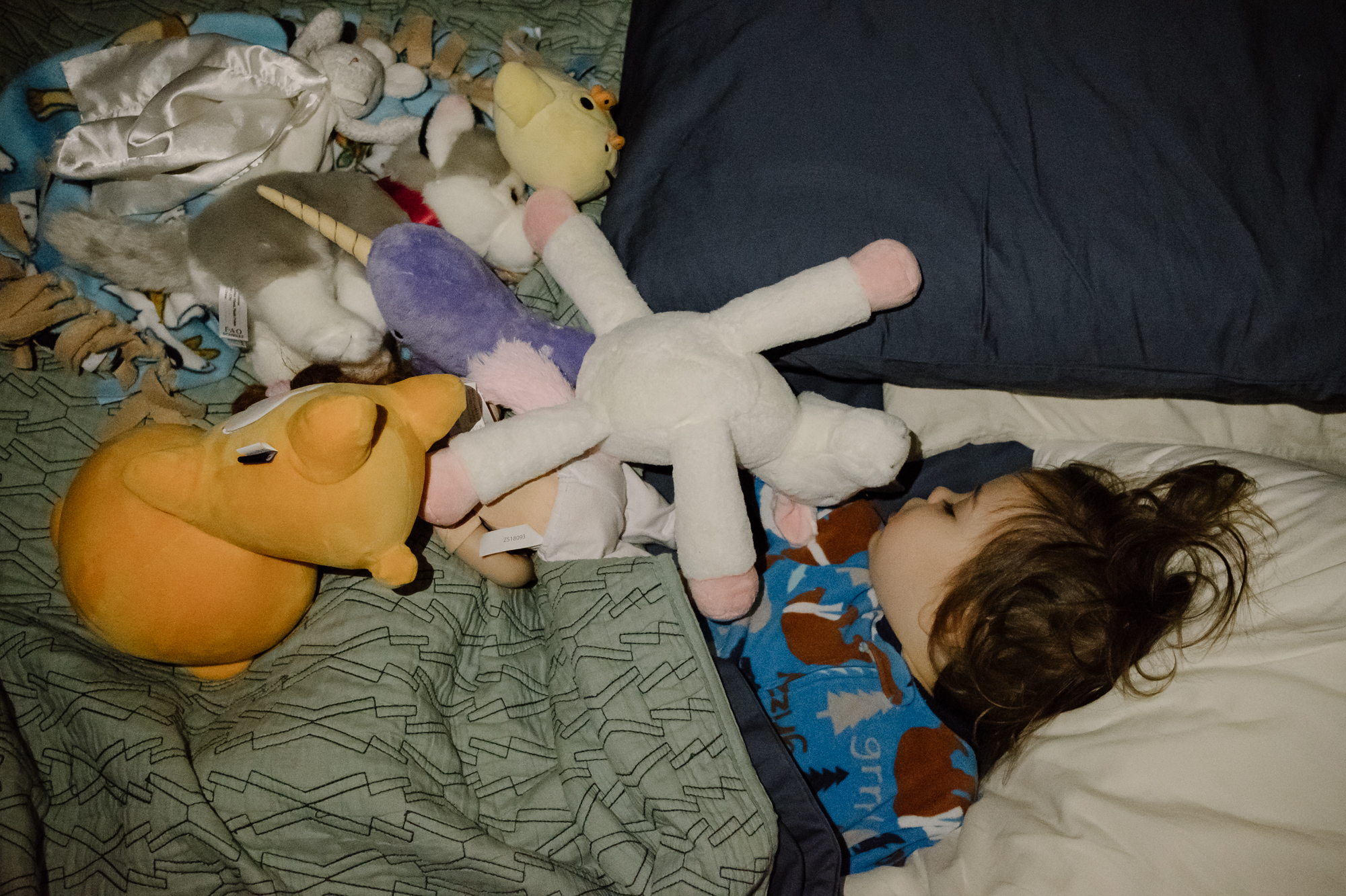 girl sleeping with stuffed animals - documentary family photography